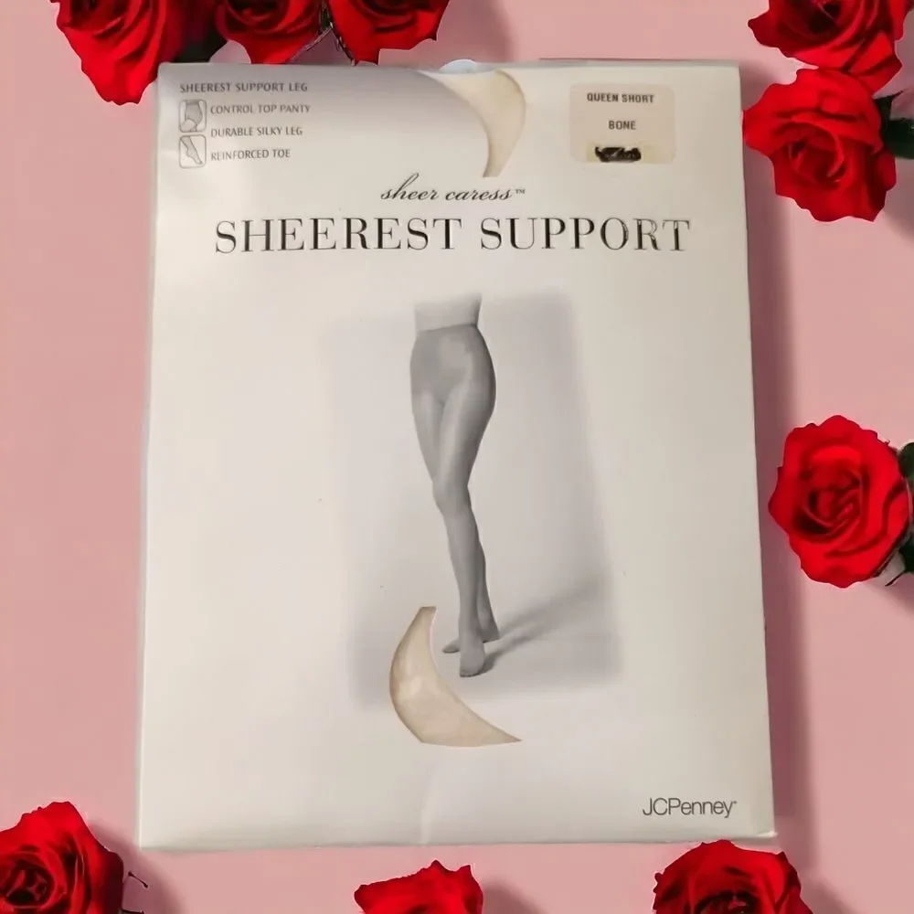 JCPenney Sheer Caress Pantyhose Stockings Sheerest Support Queen Short Bone NEW.